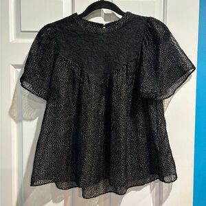 Margaret O'Leary black sheer burnout velvet dot lace yoke blouse top sz S